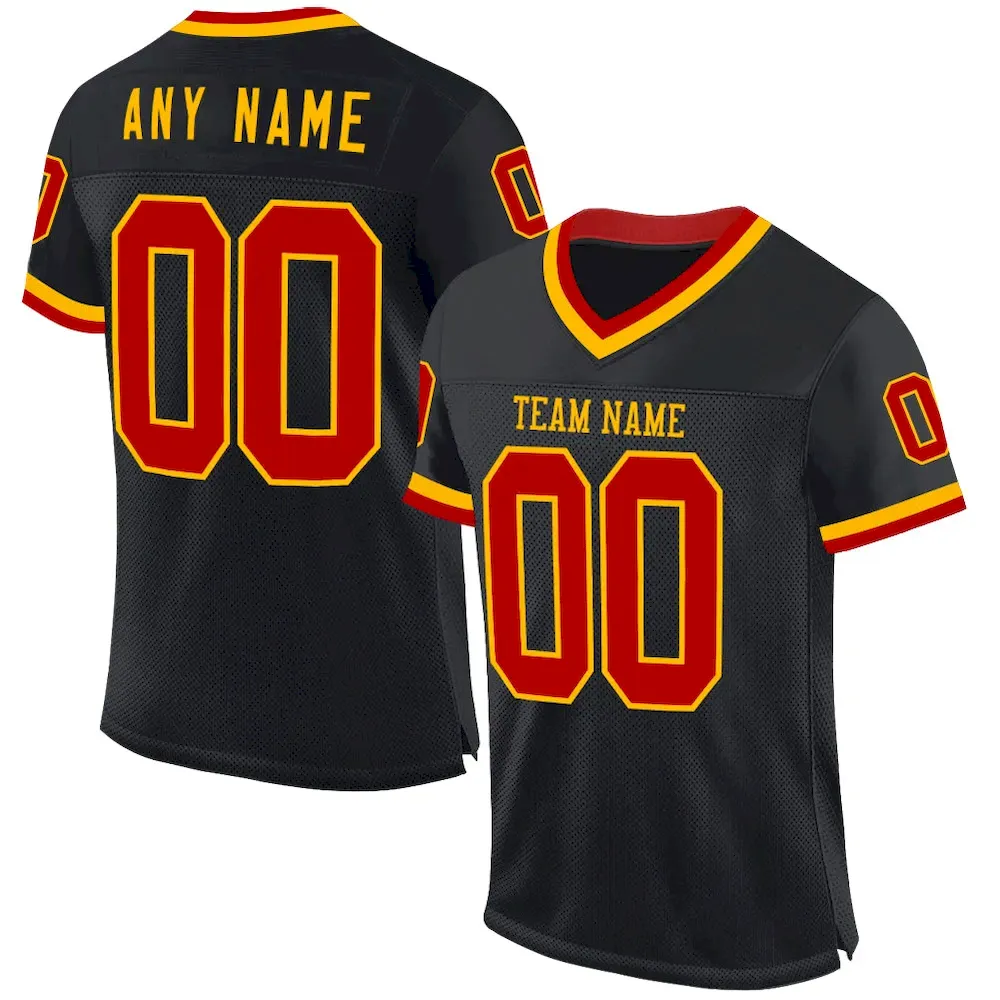 Black2249.webp Custom Black Red-Gold Mesh Authentic Throwback Football Jersey - Image 1