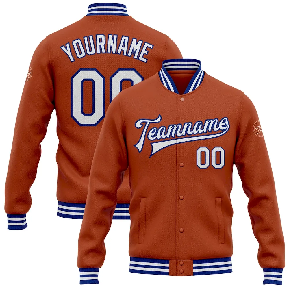 Jacket0927.webp Custom Texas Orange White-Royal Bomber Full-Snap Varsity Letterman Jacket - Image 1