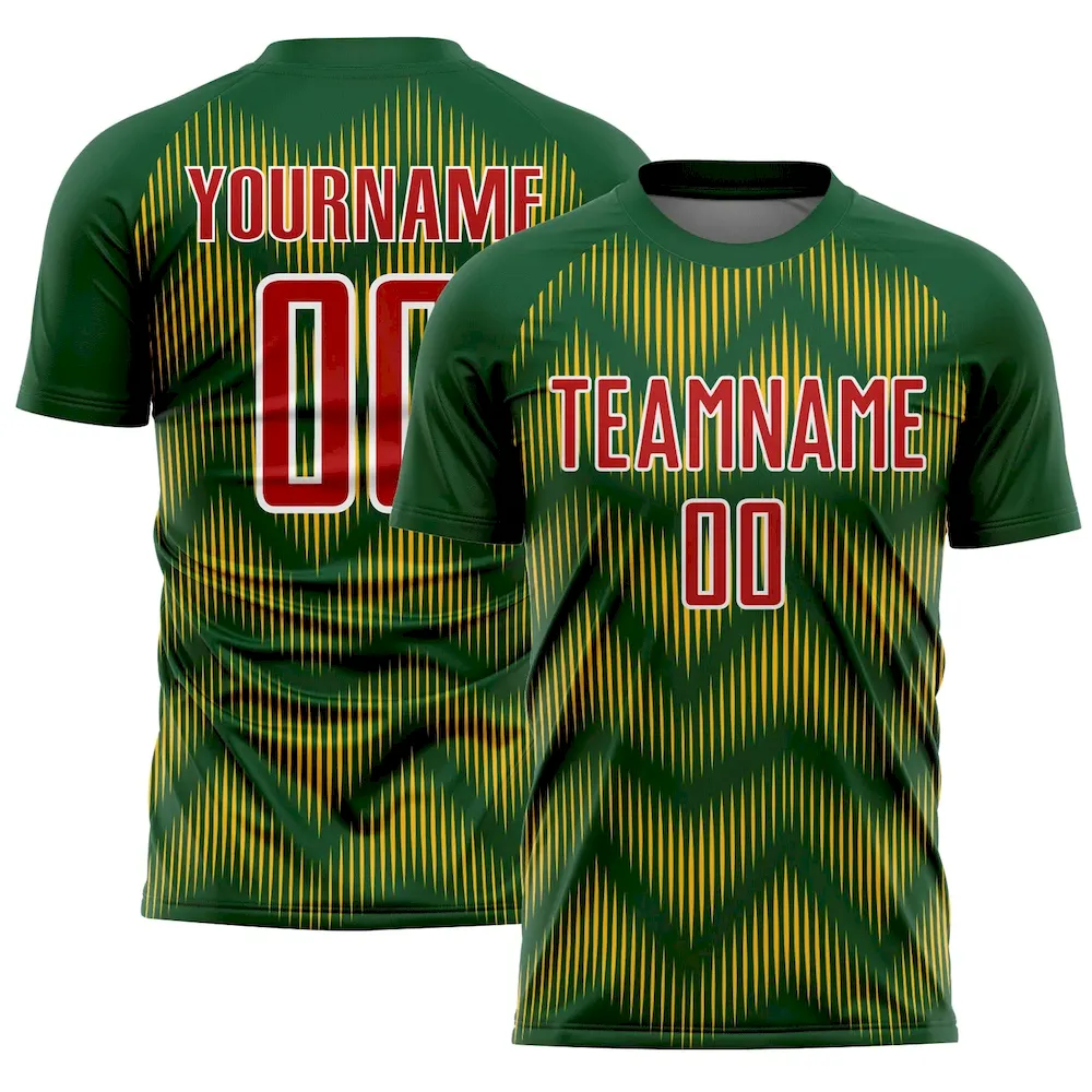Soccer2454.webp Custom Green Red-Gold Line Sublimation Soccer Uniform Jersey - Image 1