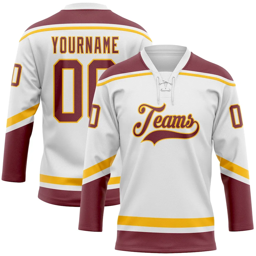 White1491.webp Custom White Burgundy-Gold Hockey Lace Neck Jersey - Image 1